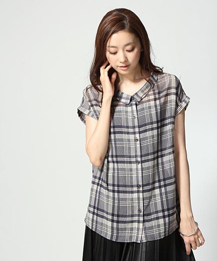 シフォンチェック丸襟ブラウス