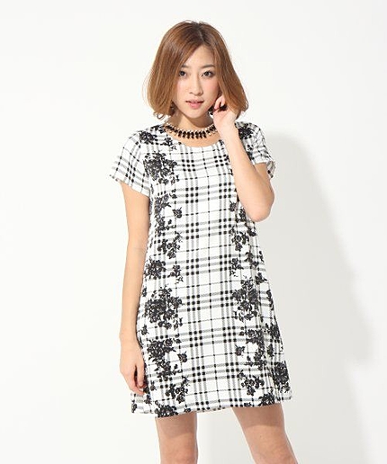 チェック×花MIXプリントワンピ