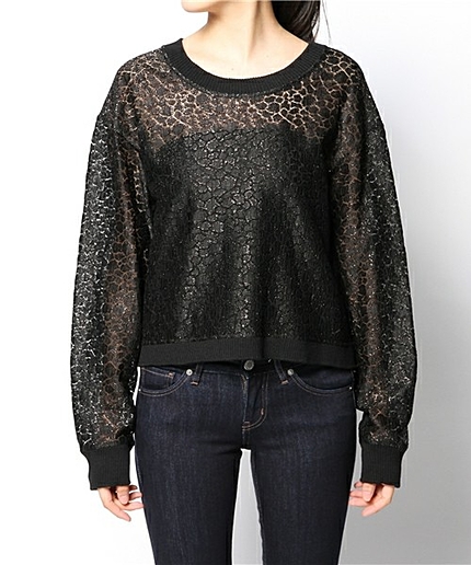 DRAWER ブラックレースクルーネック