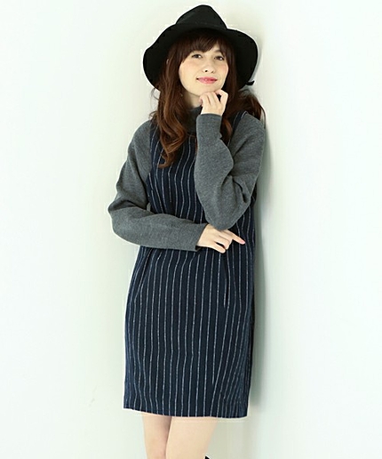 ニットハイネックストライプワンピース/AE KNIT HI/NC STRP OP