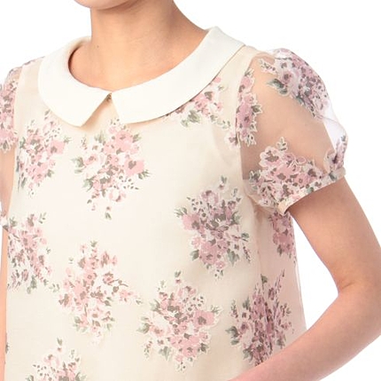 襟つきフラワー柄パフスリーブブラウス