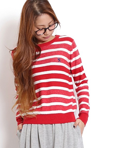 [GIORDANO]ライオン刺繍コットンリネンメランジボーダーセーター