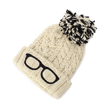メガネ刺しゅう入りMIXポンポンニット帽