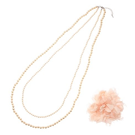 コサージュ付二連ロングパールネックレス