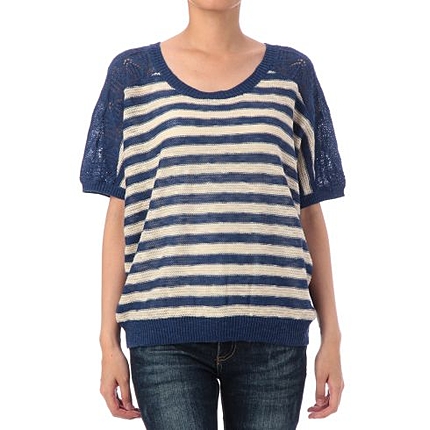 麻混ボーダー透かし編みニットプルオーバー