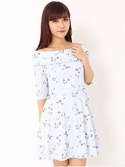 オフショル花柄フレアワンピ