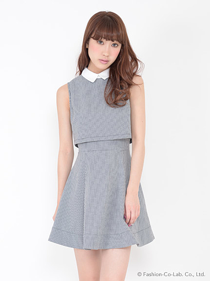 衿付きチェックワンピ