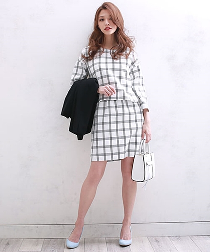 ワッフルチェックセットアップ風ワンピース