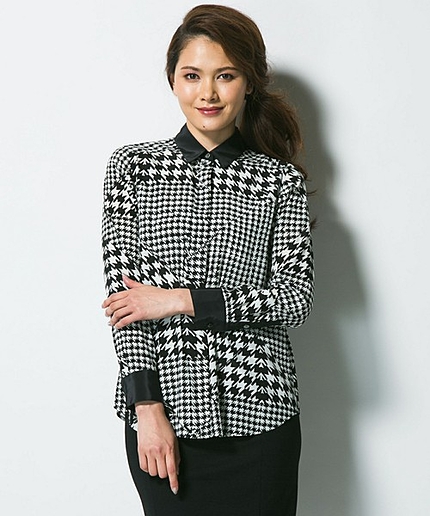 ダイオンミックスドハウンドトゥースクレープブラウス