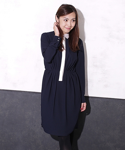 配色ギャザーシャツワンピース