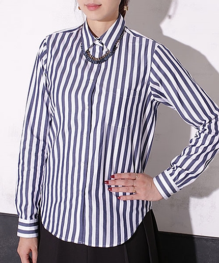 襟2wayボタンダウンストライプシャツ