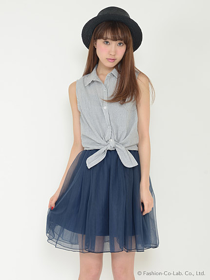 シャツ×チュールコンビワンピース