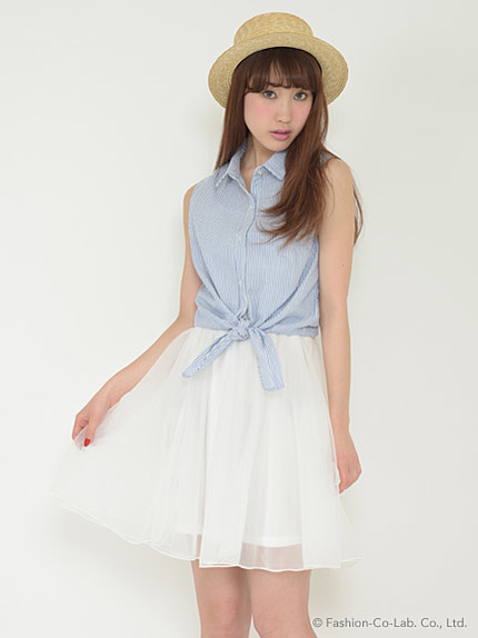 シャツ×チュールコンビワンピース