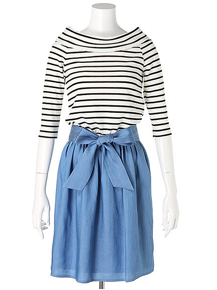 ボーダーダンガリーオフショルワンピース