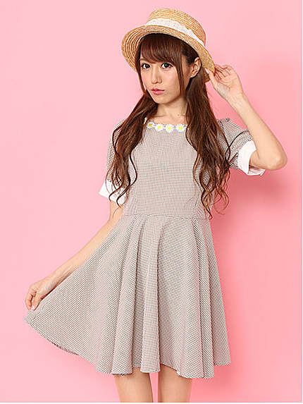 衿ぐりお花レースギンガムパフOP