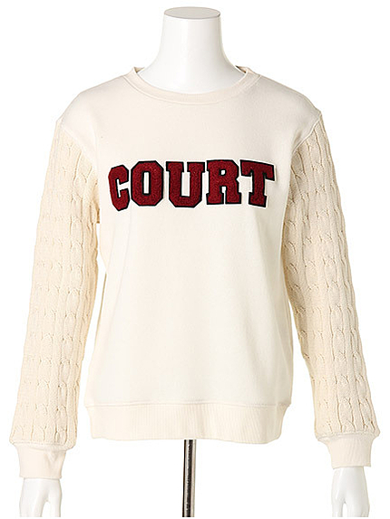 ケーブルニット袖ワッペンスウェット