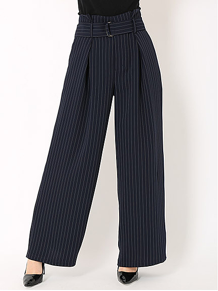 共布ベルトストライプワイドパンツ