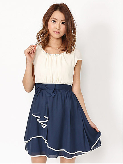 ビジューバイカラーシフォンワンピース