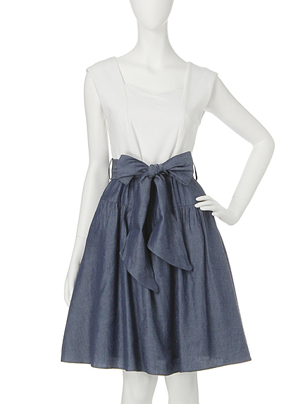 【moi】ウエストリボンデニムコンビワンピース