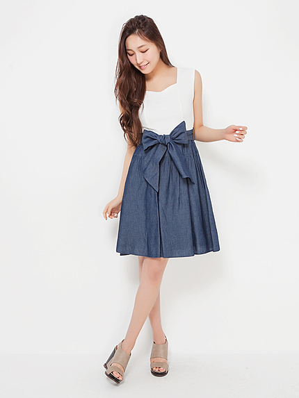 【moi】ウエストリボンデニムコンビワンピース