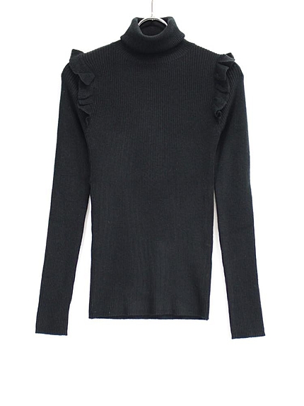 肩フリルリブタートルネックニットトップス