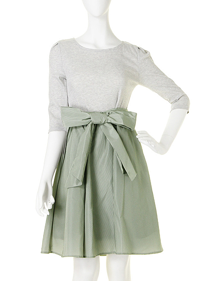 【W】ウエストリボンコンビワンピース