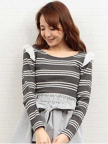 肩フリルボーダートップス