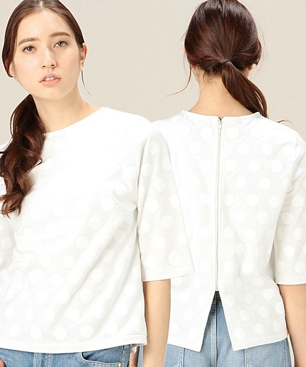 BY ドットプリントバックジップ6分袖プルオーバー