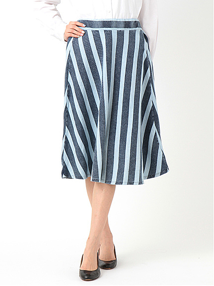 ・インディゴストライプ フレアーミディアムスカート