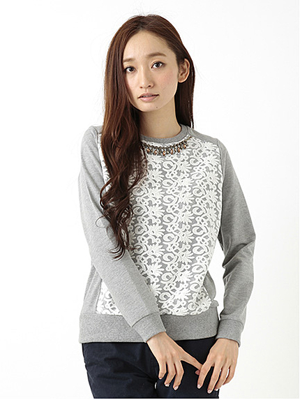 【Special Price】・ネックレス付レース切替 長袖プルオーバー