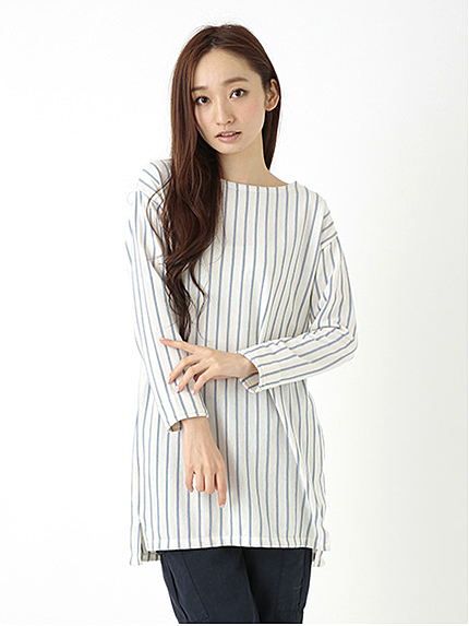 ・綿変形ストライプ 長袖チュニック