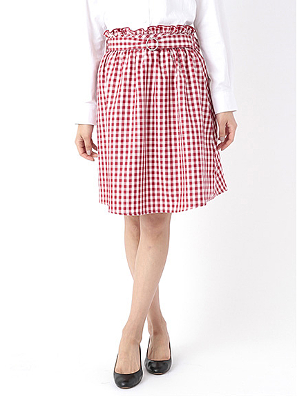・共ベルト付きギンガムチェック膝丈スカート