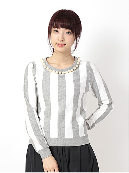 パール付ストライプニットプルオーバー