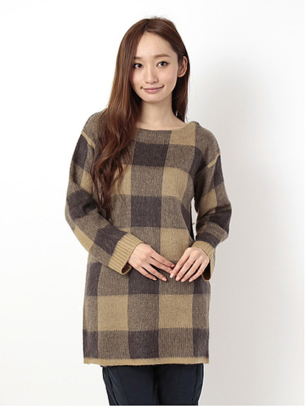・ブロックチェックニット チュニックワンピース
