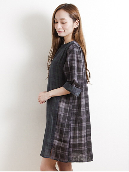 ダブルガーゼ切替7分袖ワンピース