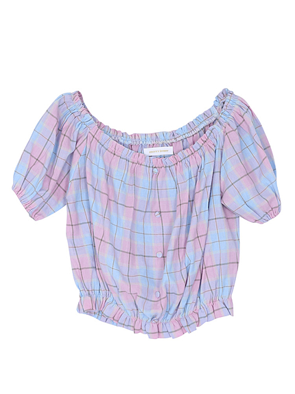 チェックオフショルTOPS