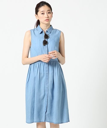 Rデニムフレアノースリーブシャツワンピース