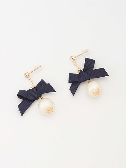 リボンコットンパールピアス