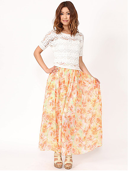 シフォン花柄マキシスカート