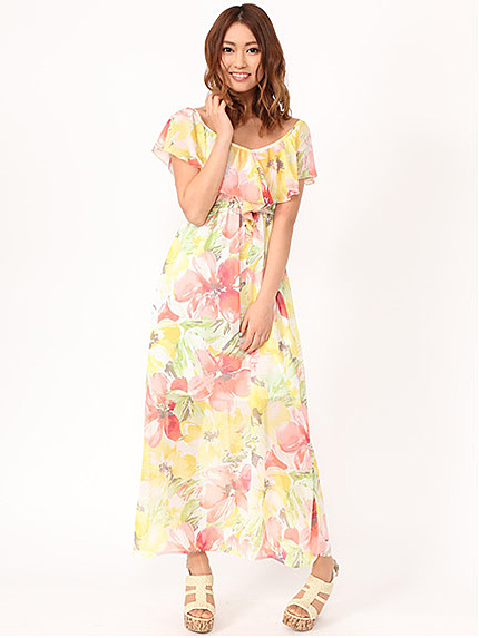 大花柄フリルマキシワンピース