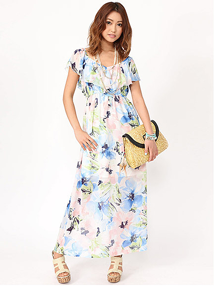 大花柄フリルマキシワンピース