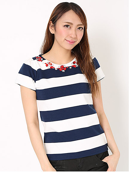 バイカラービジュータック袖ボーダーTシャツ