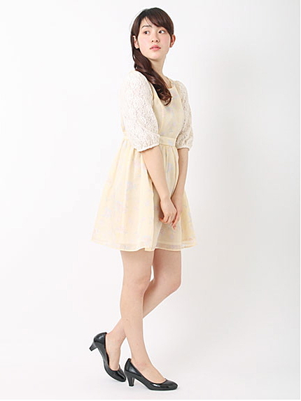 レーススリーブフラワープリントワンピース