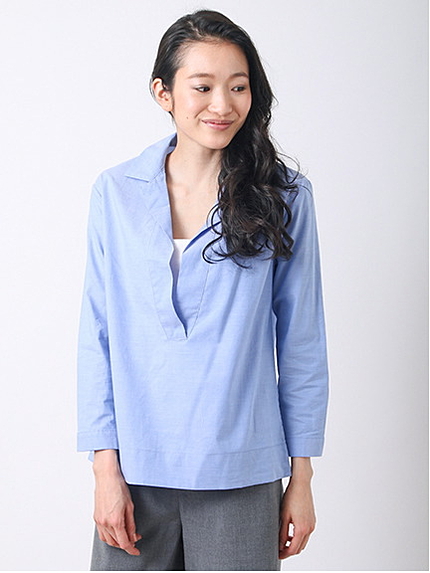 ・コットンシャンブレー 長袖スキッパーシャツ