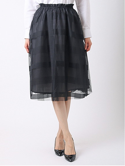ボーダーチュール ミモレ丈ギャザースカート