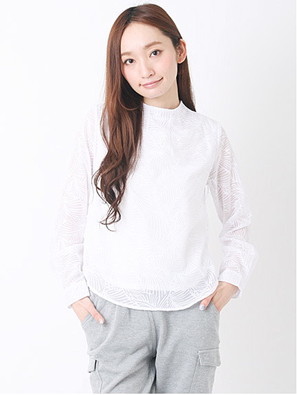 葉柄オパールプリント タック衿長袖プルオーハー