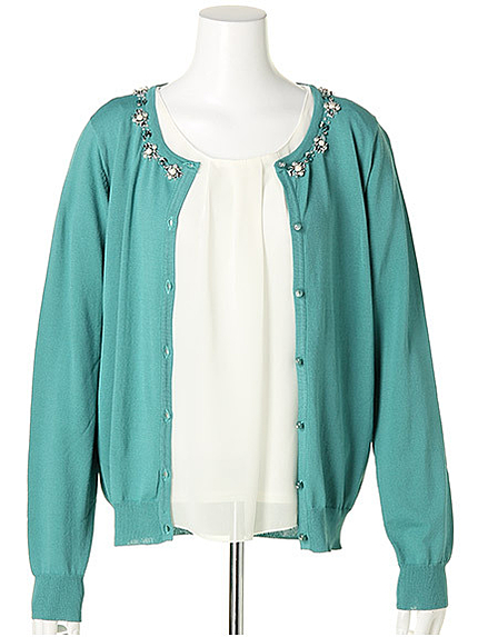 シフォンブラウス付きビジューカラーカーデSET