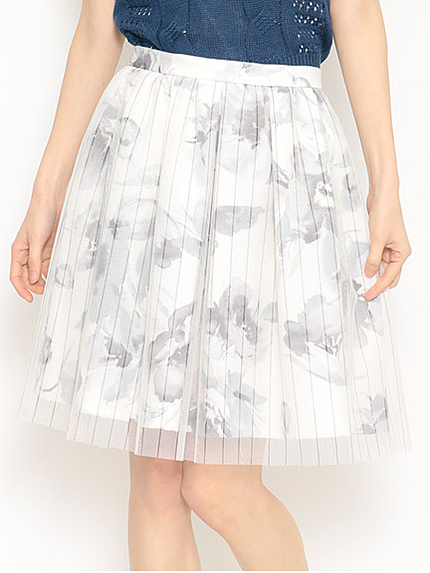 ストライプチュール×花柄プリントフレアーＳＫ