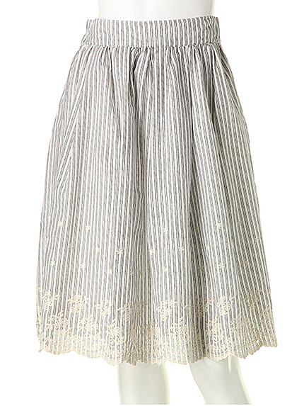裾刺繍ストライプ柄コットンスカート
