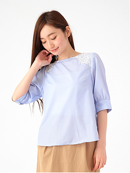 ・肩レースストライプブラウス